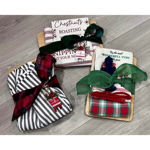 Christmas Kitchen Towel Gift Set Wooden Cutting Board Festive Holiday Decor